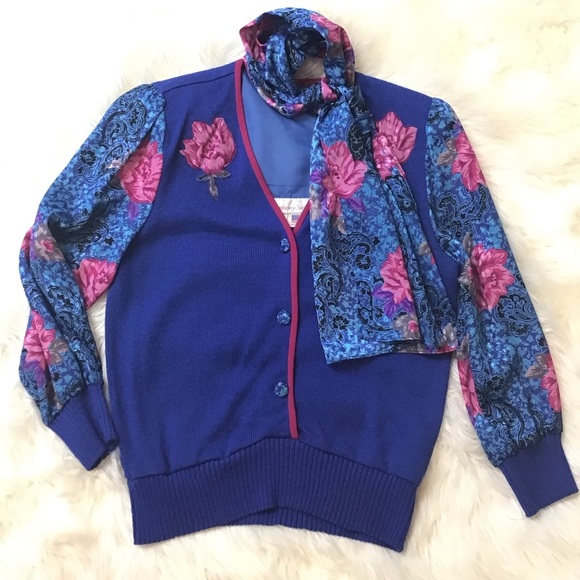 EUC Vintage Anthony Sicari 2pc Womens Blue Floral Scarf & Sweater Size 6 - Picture 5 of 9